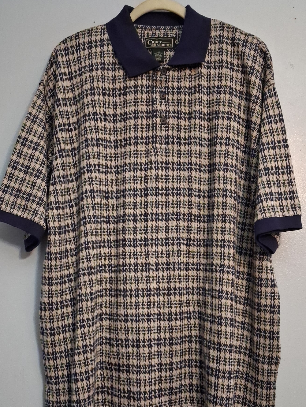 Croft & Barrow Size XXL men Cotton Knit Navy and Cream Checker Plaid Polo Shirt.